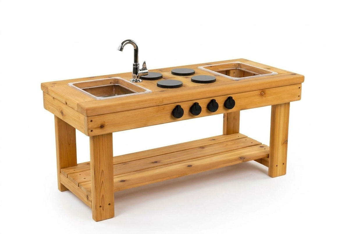 Cuisinette extérieure en cèdre Noble Wooden Toys avec cuisinière, robinet fonctionnel, tablette et 2 éviers transparents centrés