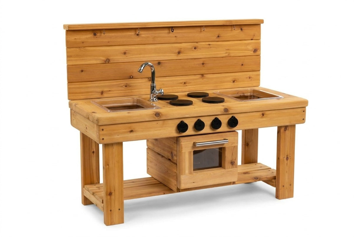 Cuisinette extérieure en cèdre Noble Wooden Toys avec four, cuisinière, robinet fonctionnel et 2 éviers transparents centrés