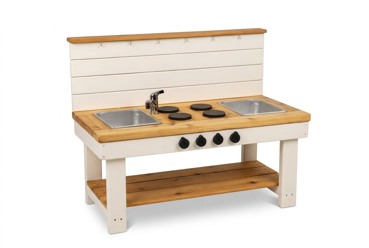 Cuisinette extérieure peinte en cèdre Noble Wooden Toys avec dosseret, tablette et 2 éviers centrés