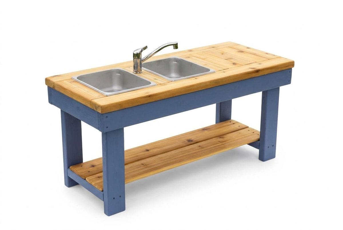 Cuisinette extérieure simple peinte en cèdre Noble Wooden Toys avec tablette et 2 éviers en acier inoxydable