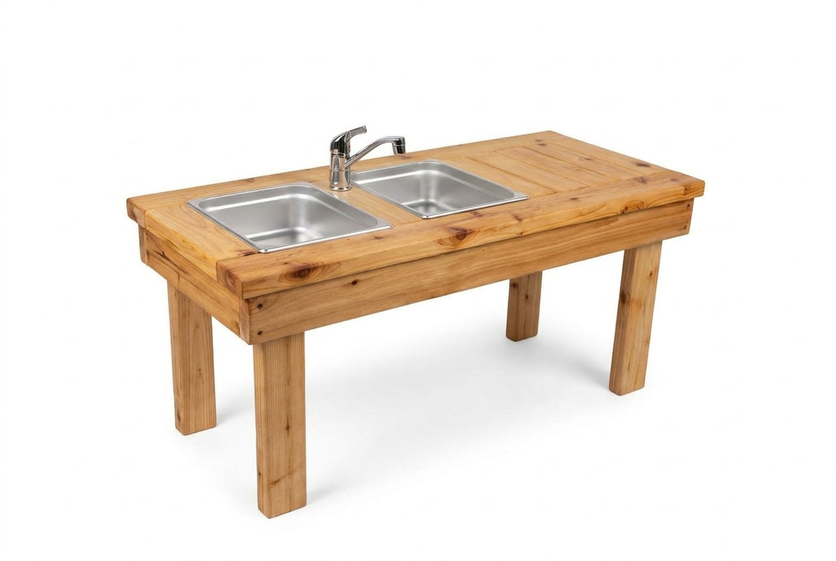 Cuisinette extérieure simple en cèdre Noble Wooden Toys sans tablette, 2 éviers en acier inoxydable