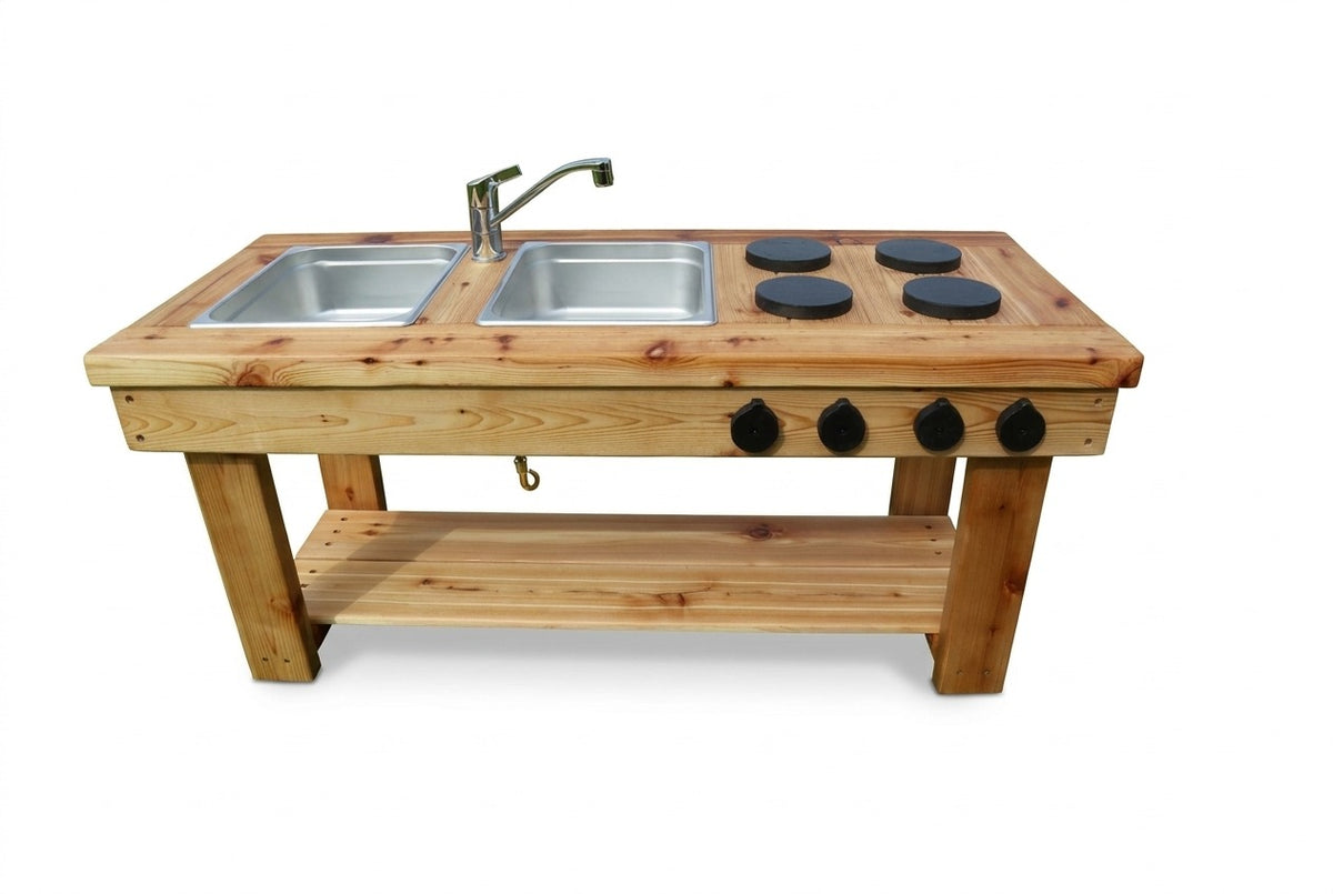 Cuisinette extérieure simple en cèdre Noble Wooden Toys avec tablette, 2 éviers en acier inoxydable