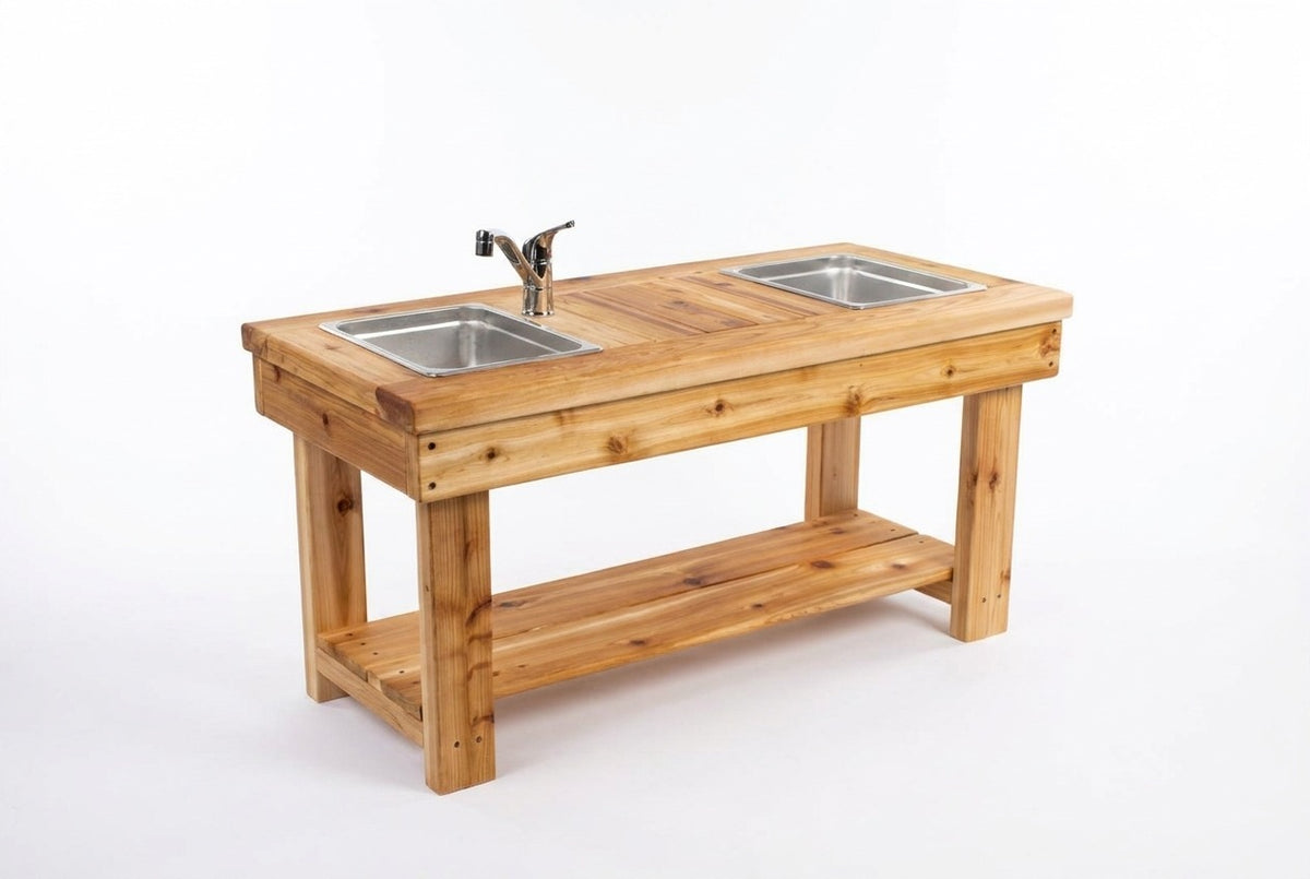 Cuisinette extérieure en cèdre Noble Wooden Toys avec tablette, cuisinière et 2 éviers centrés