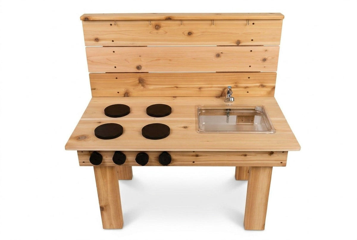 Mini cuisinette extérieure en cèdre Noble Wooden Toys avec robinet fonctionnel et bac amovible, 35 po