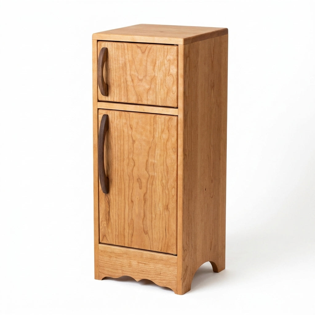 Solid cherry wood play fridge by Noble Wooden Toys for indoor pretend play, 32 in.