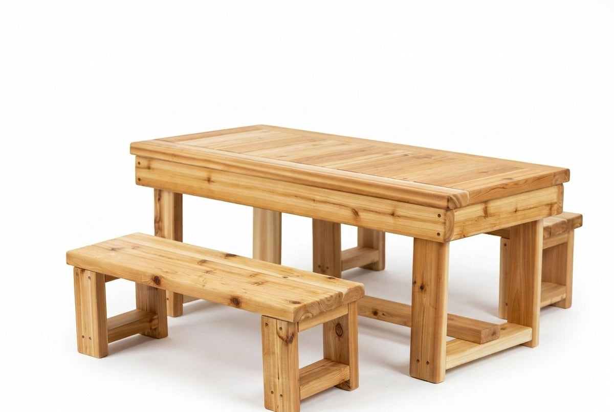 Table champêtre intérieure et extérieure en cèdre Noble Wooden Toys pour 4 enfants, avec 2 bancs