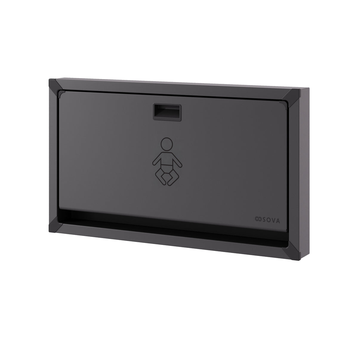 Table à langer murale Vantage en inox noir fermée, vue de trois quarts sur fond blanc