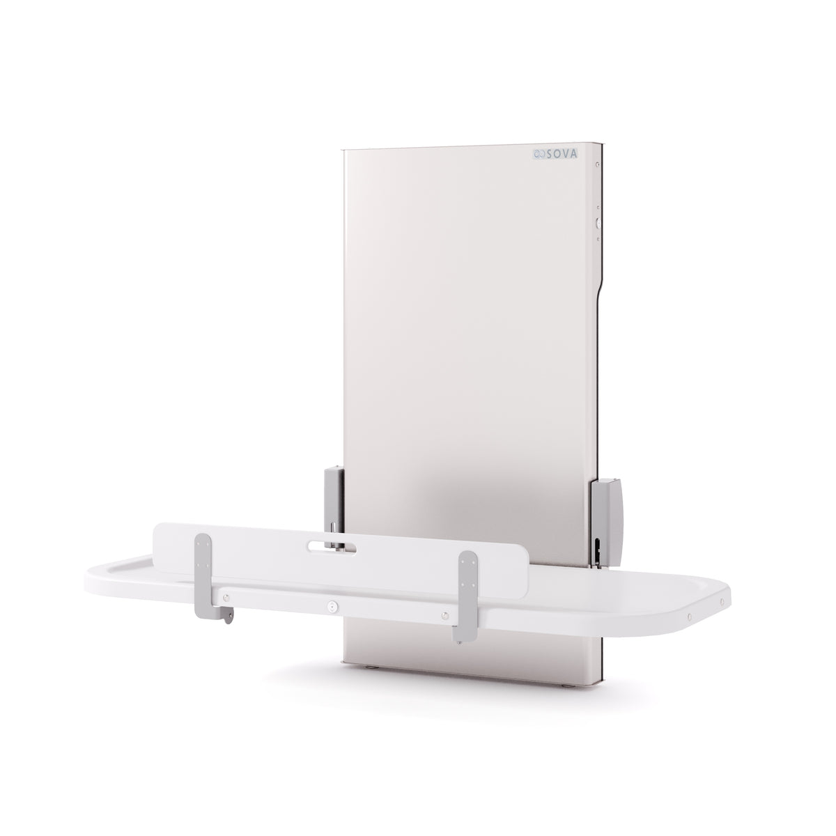 Table à langer universelle Ascent 76 po en inox ouverte, vue de trois quarts sur fond blanc