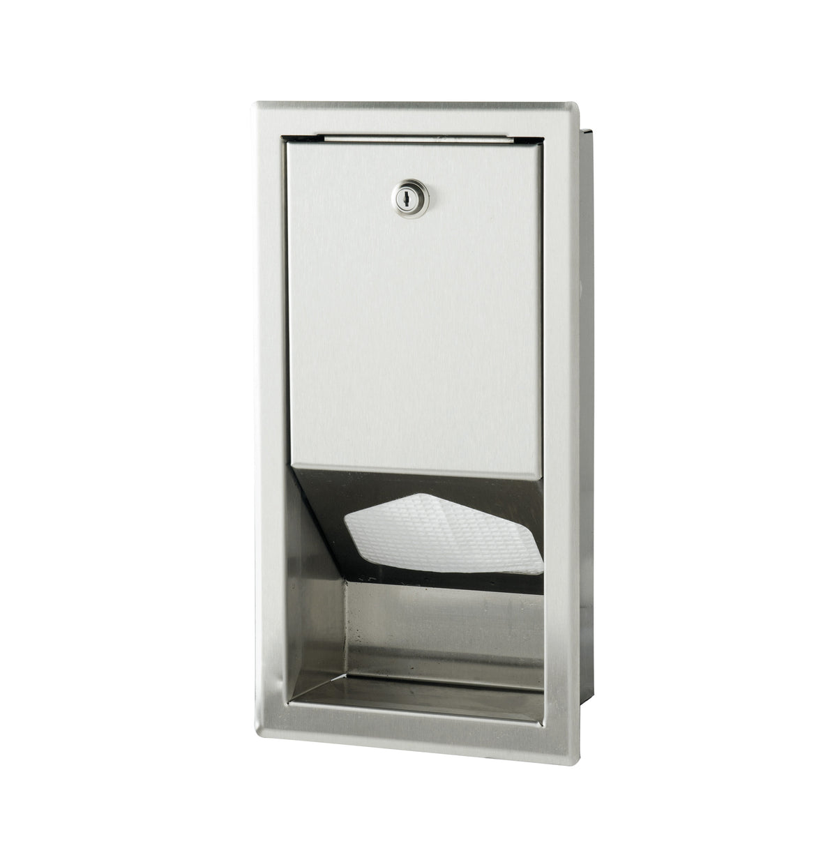 Distributeur de protège-tables encastré en inox, vue de trois quarts sur fond blanc