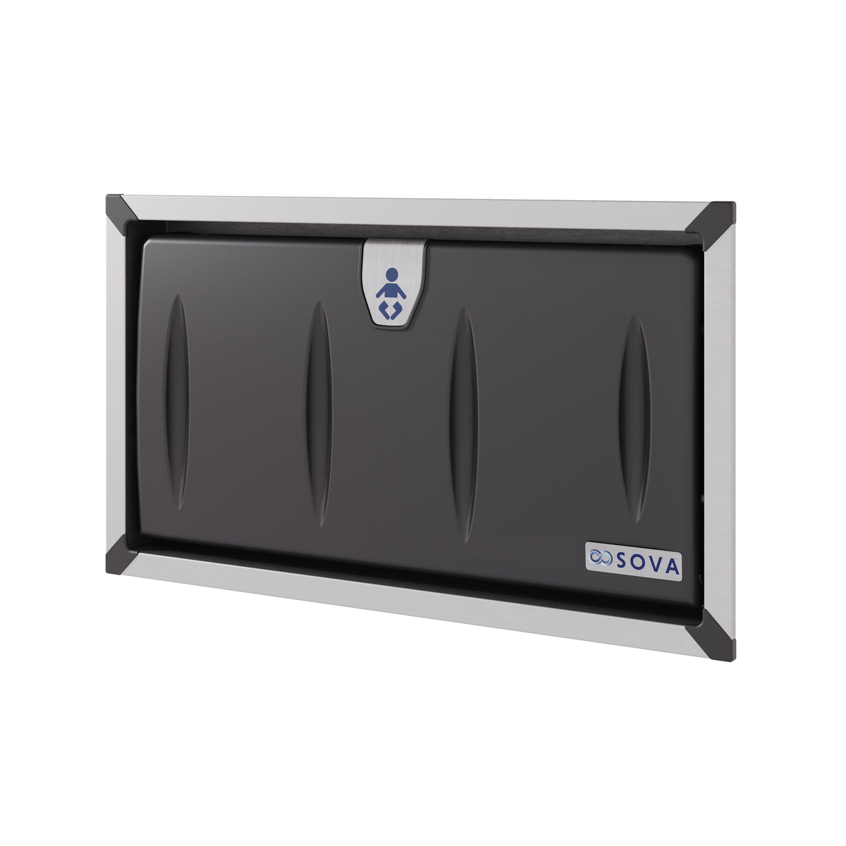 Table à langer murale encastrée Origin noir et inox fermée, vue de trois quarts sur fond blanc