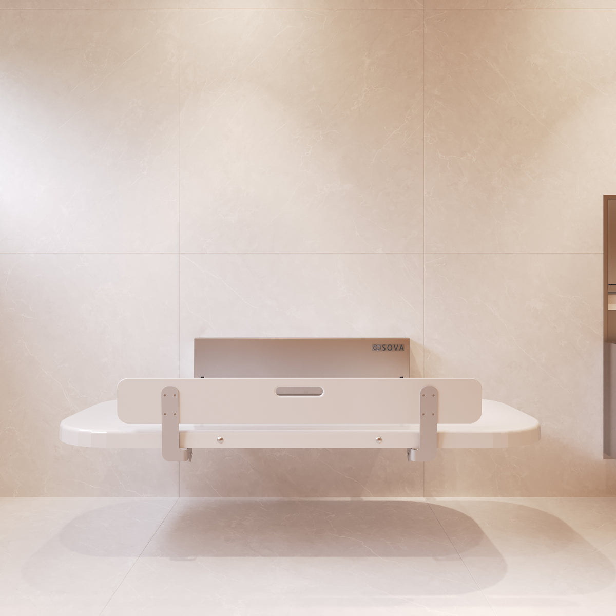 Table à langer murale pour adultes Attend 70 po en inox ouverte, installée dans une salle de bain