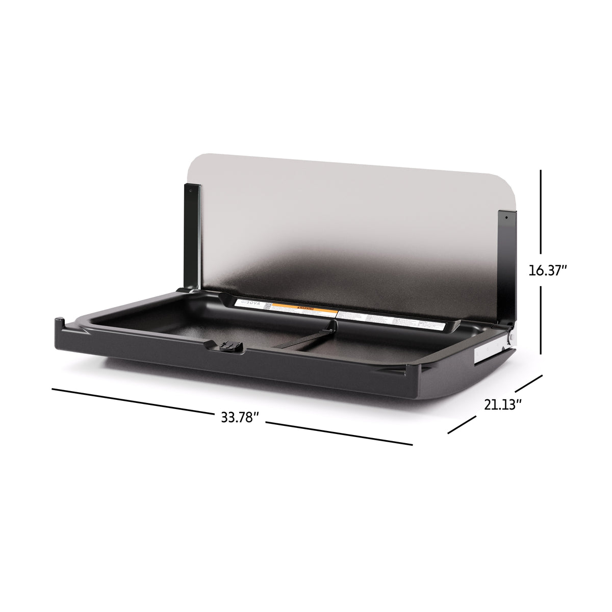 Table à langer murale Element XB avec dosseret inox noire ouverte avec dimensions en pouces