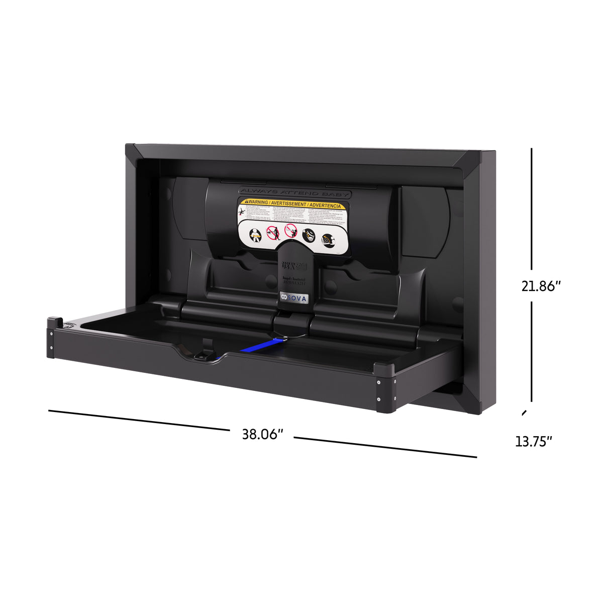 Table à langer murale Vantage en inox noir encastrée ouverte avec dimensions en pouces