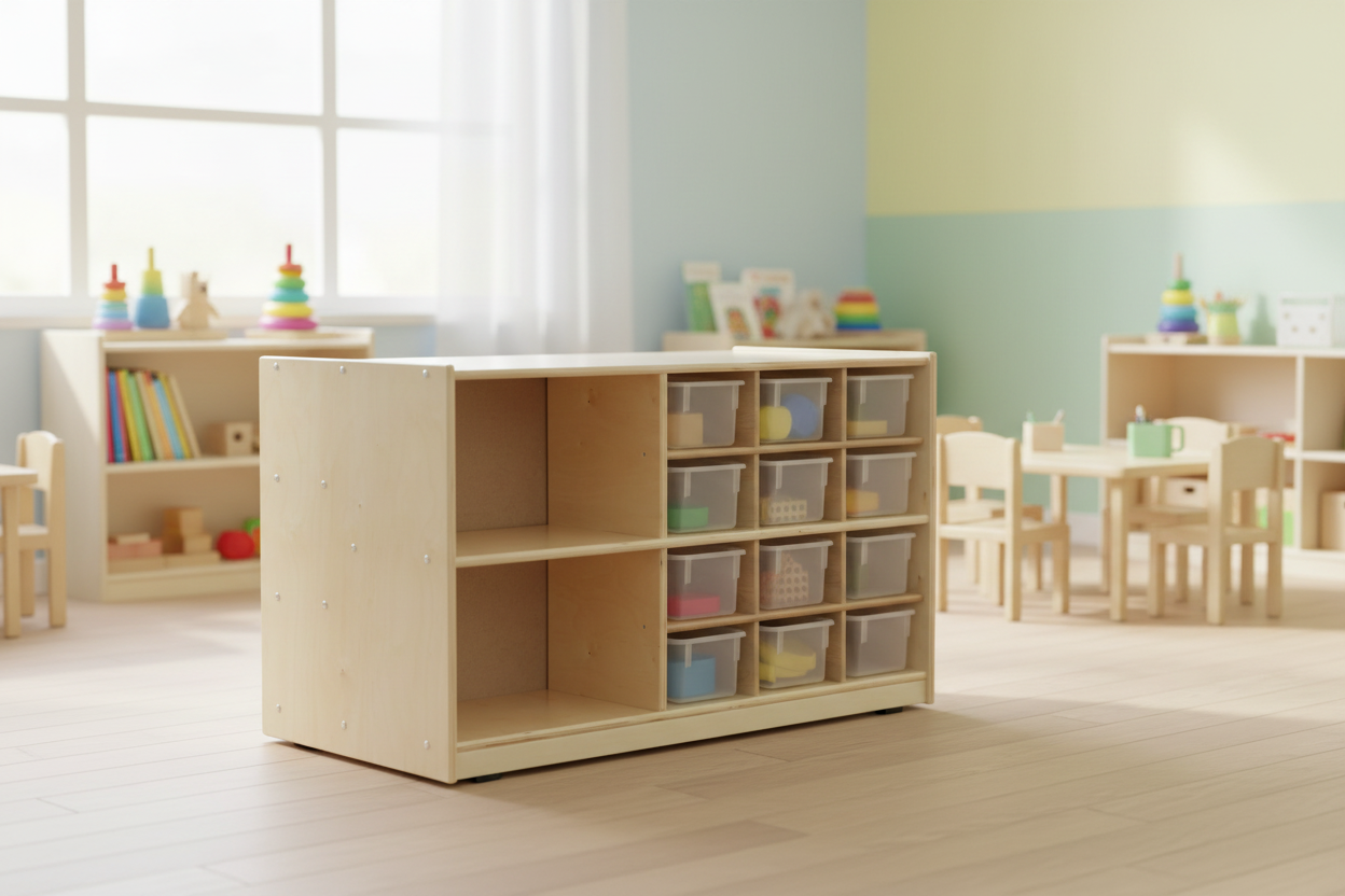 Meuble de rangement 2 faces avec cases et roulettes