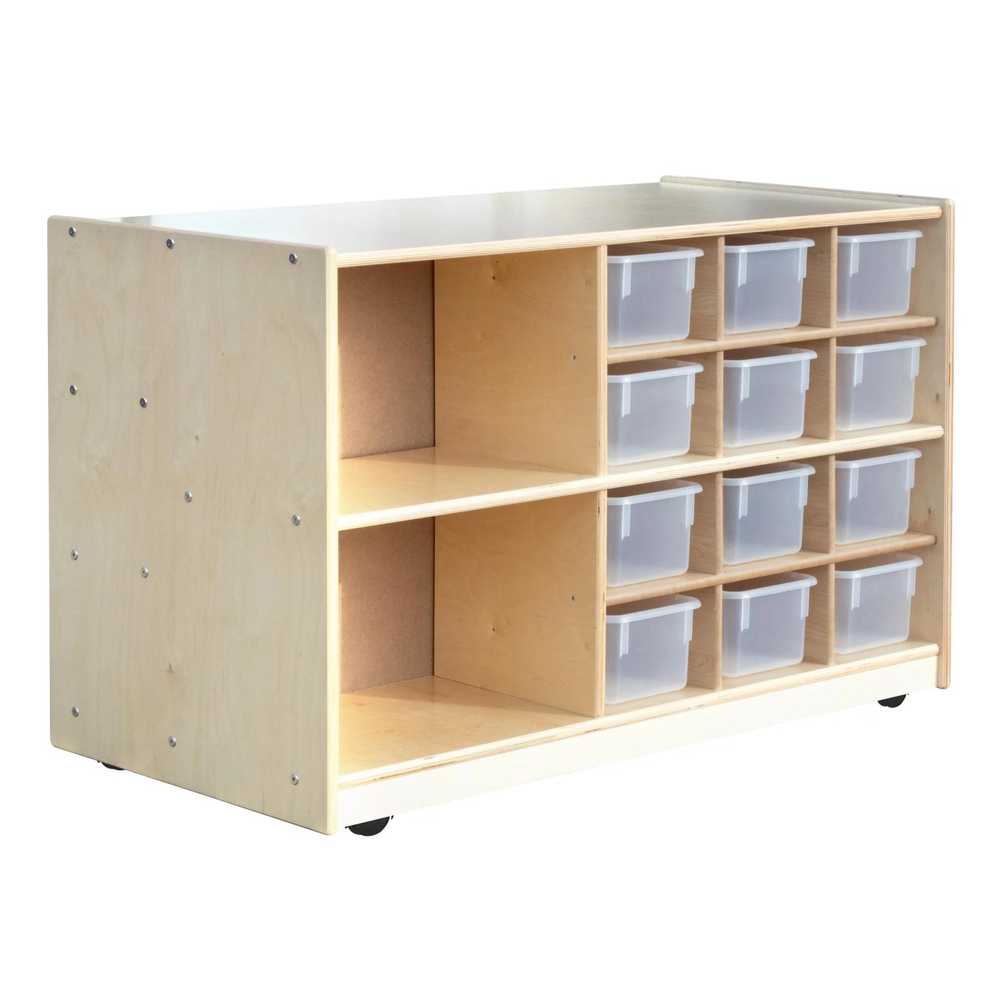Meuble de rangement 2 faces avec cases et roulettes