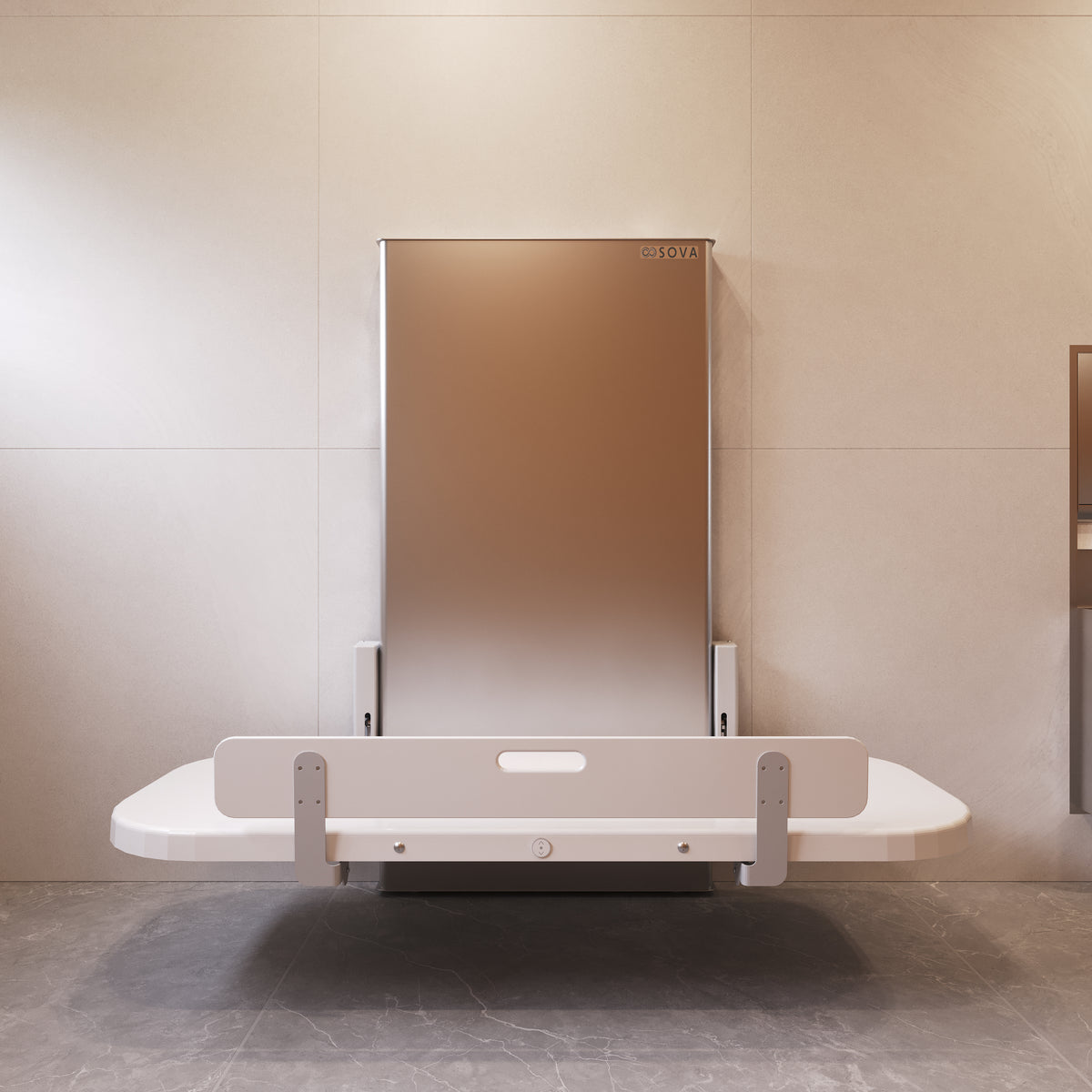Table à langer universelle Ascent 70 po en inox ouverte, installée dans une salle de bain