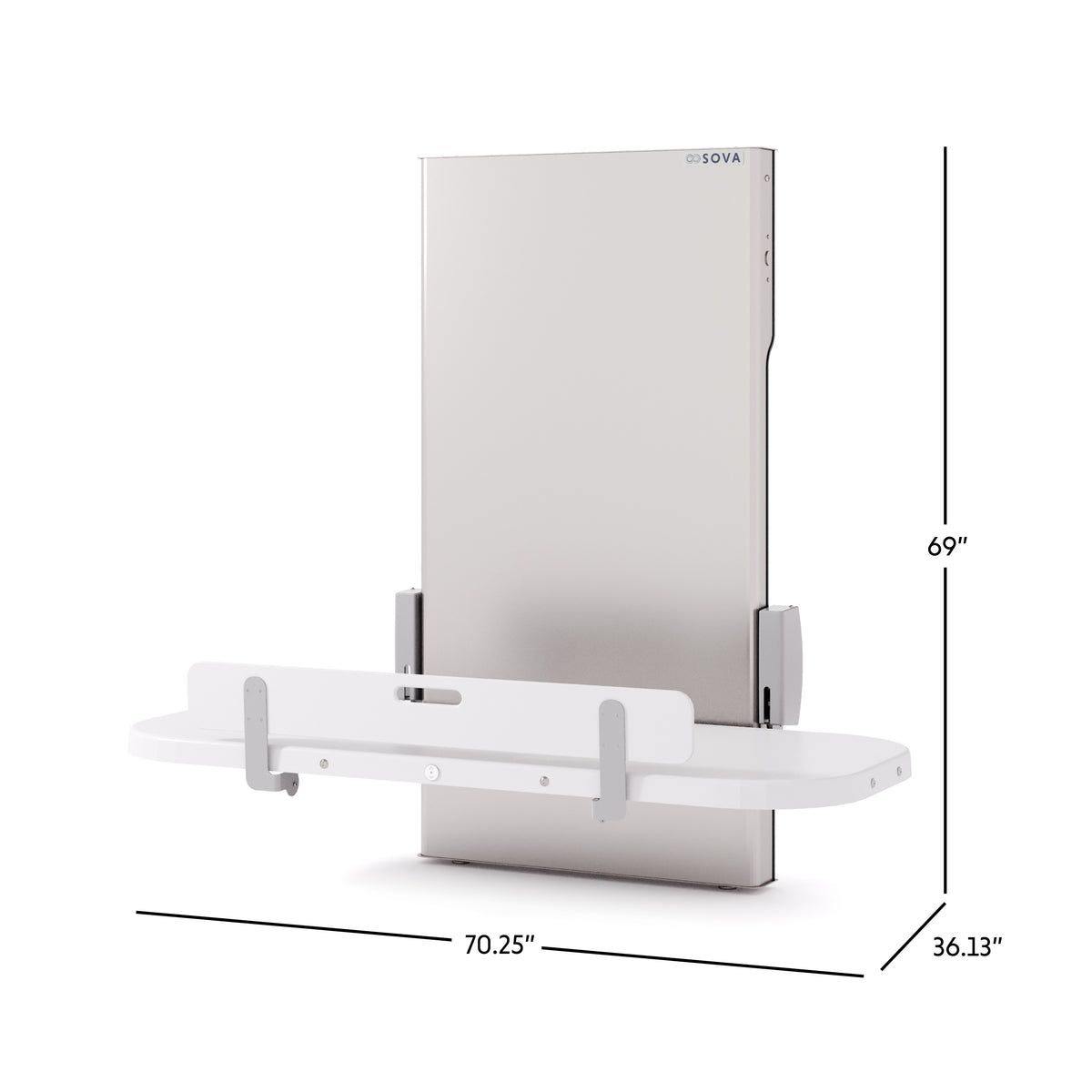 Table à langer universelle Ascent 70 po en inox ouverte avec dimensions en pouces