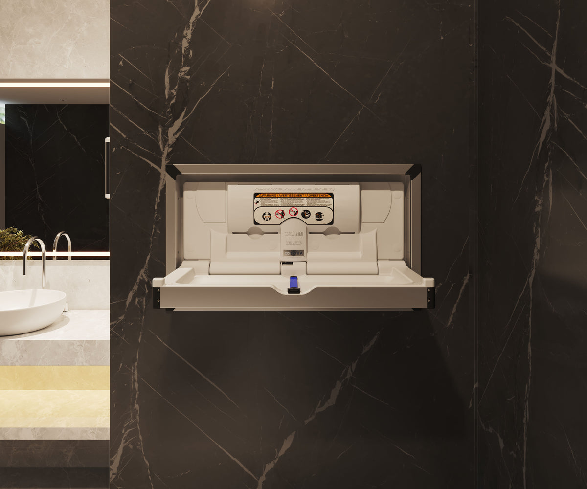 Table à langer murale Vantage en inox encastrée ouverte, installée dans une salle de bain