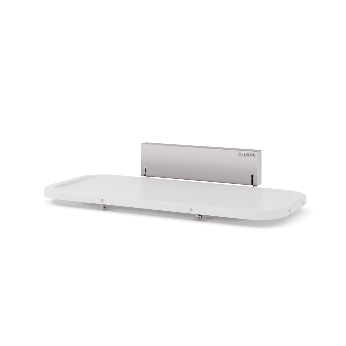 Table à langer murale pour adultes Attend 76 po en inox ouverte, vue de trois quarts sur fond blanc