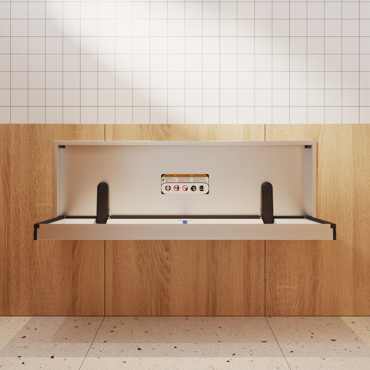 Table à langer murale Solace en inox ouverte, encastrée dans le mur d'une salle de bain