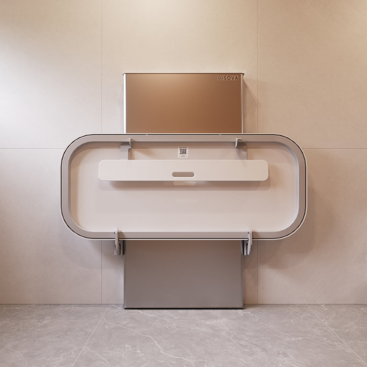 Table à langer universelle Ascent 70 po en inox fermée, installée au mur d'une salle de bain