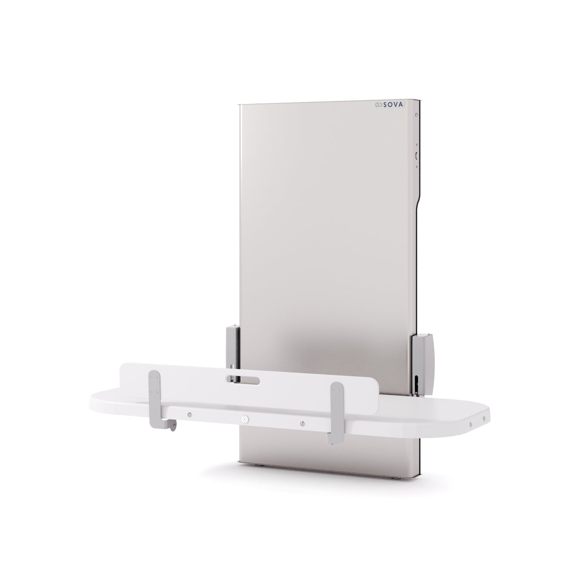 Table à langer universelle Ascent 70 po en inox ouverte, vue de trois quarts sur fond blanc